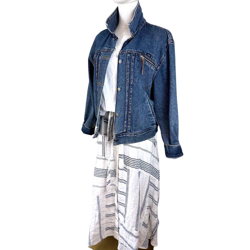 Lauren Jeans Co Ralph Lauren Denim Jacket L Blue Good Bird Patch Zipper Pockets - Picture 2 of 16